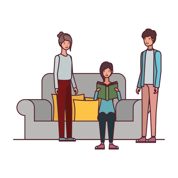 Grupo de personas sentadas en silla con libro en las manos — Vector de stock