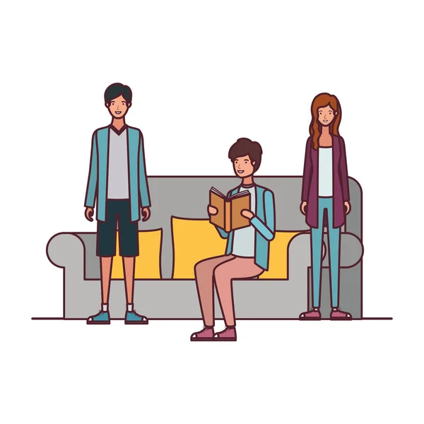 Grupo de personas sentadas en silla con libro en las manos — Vector de stock