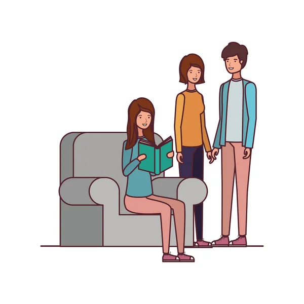 Gruppe von Menschen auf Stuhl sitzend mit Buch in der Hand — Stockvektor