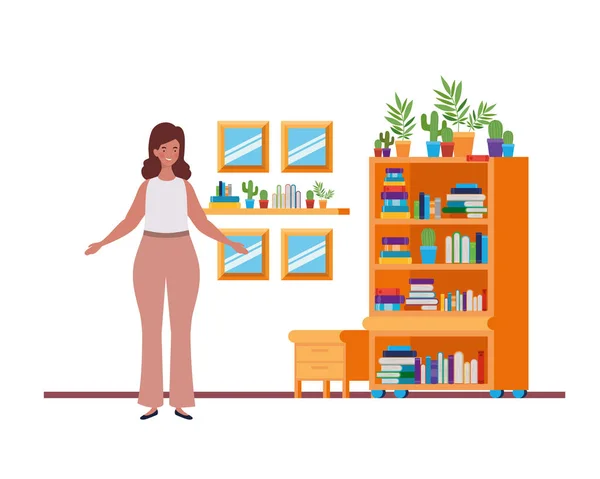 Mujer en el salón con escritorio y libros — Vector de stock