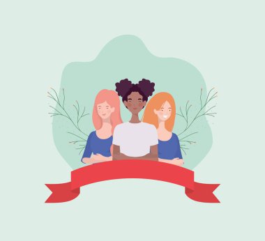 kurdele ve yapraklar ile ayakta ırklararası kadın grubu