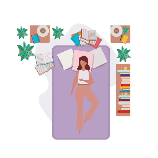 Jovem na cama com pose adormecida — Vetor de Stock