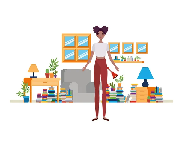 Mujer en el salón con escritorio y libros — Vector de stock