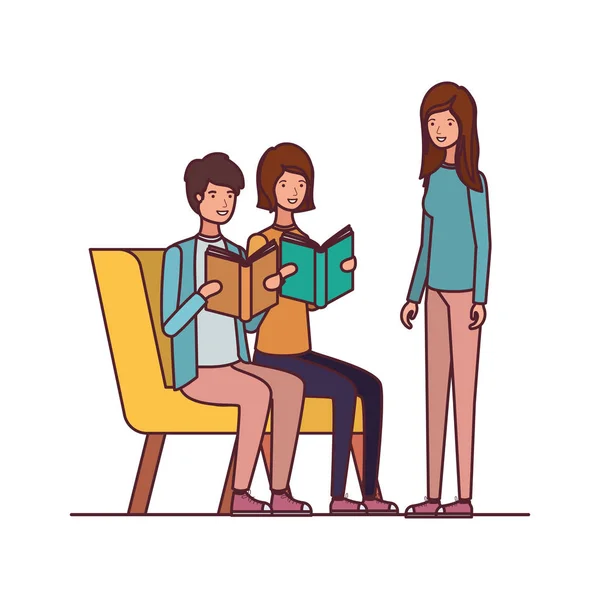 Grupp av människor sitter på stol med bok i händerna — Stock vektor