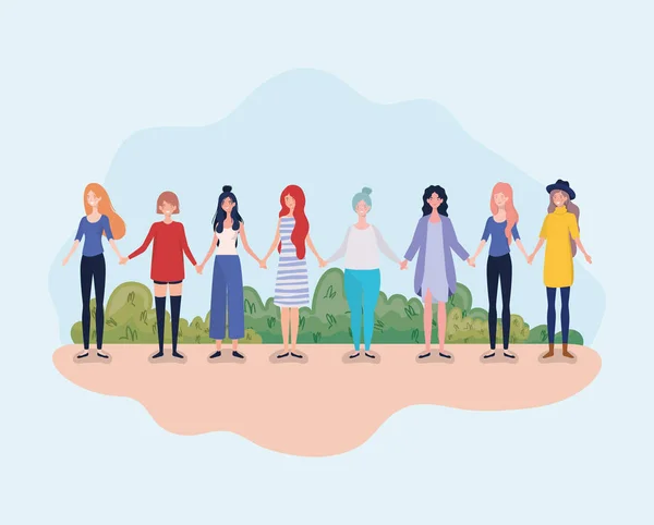 Young women group standing in the camp — Stock Vector