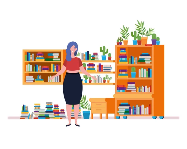 Mulher na sala de estar com mesa e livros —  Vetores de Stock