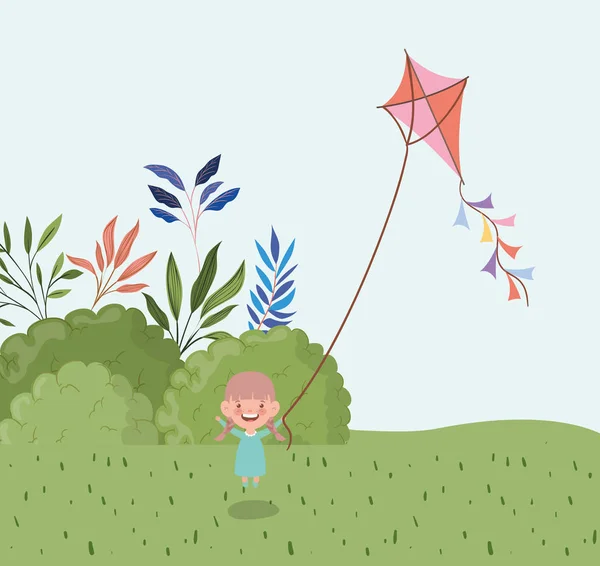 Счастливая маленькая девочка запускает воздушных змеев в полевом пейзаже — стоковый вектор