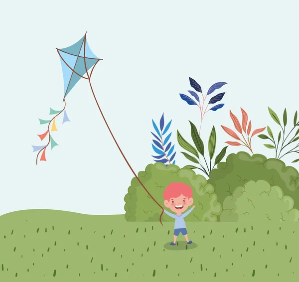 Счастливый мальчик, летящий воздушных змеев в пейзаже — стоковый вектор