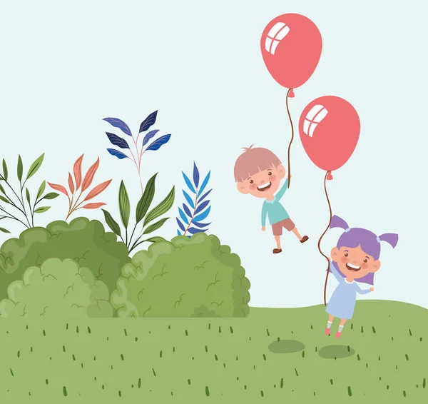 Gelukkige kleine kinderen met ballonnen helium in het veld landschap — Stockvector