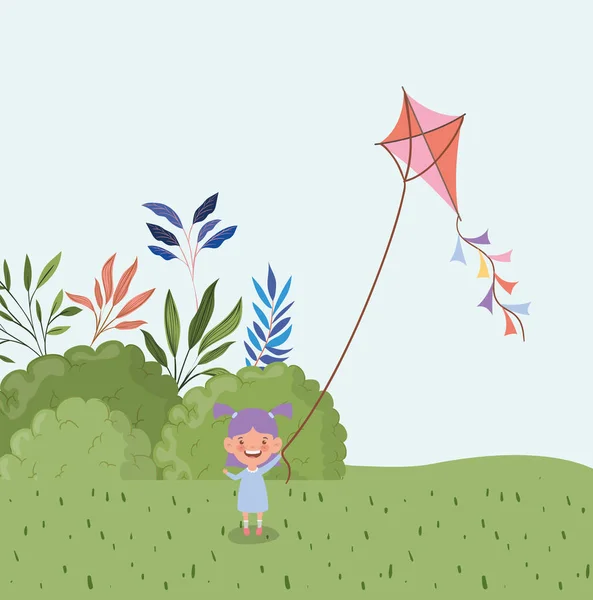 Счастливая маленькая девочка запускает воздушных змеев в полевом пейзаже — стоковый вектор