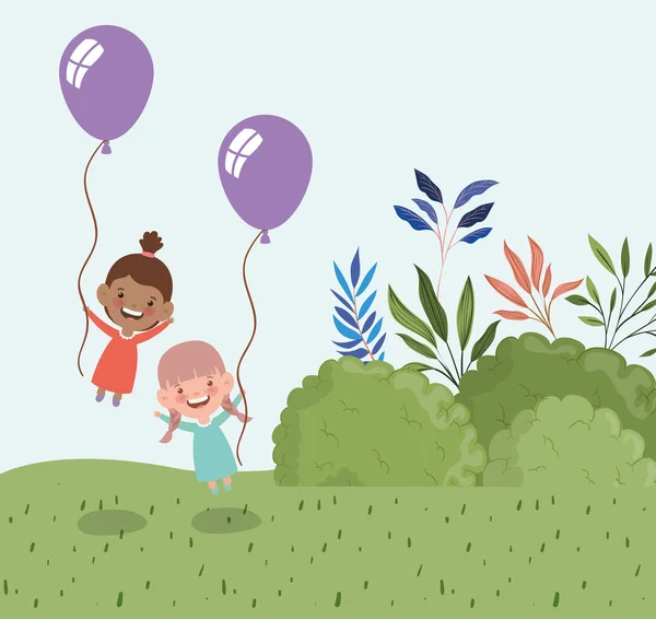 Gelukkige kleine meisjes met ballonnen helium in het veld landschap — Stockvector