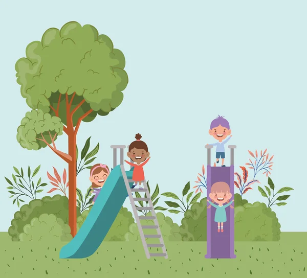 Gelukkige kleine kinderen in Slide Park Landscape scene — Stockvector