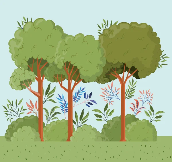 Trees and leafs with bush landscape scene — Stock Vector