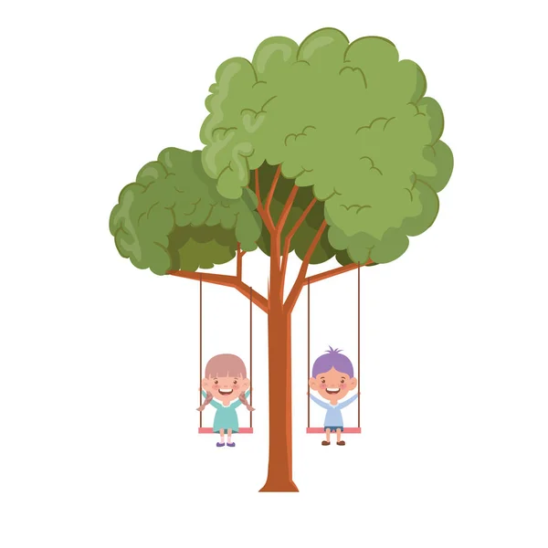 Coppia bambino in altalena appeso all'albero — Vettoriale Stock