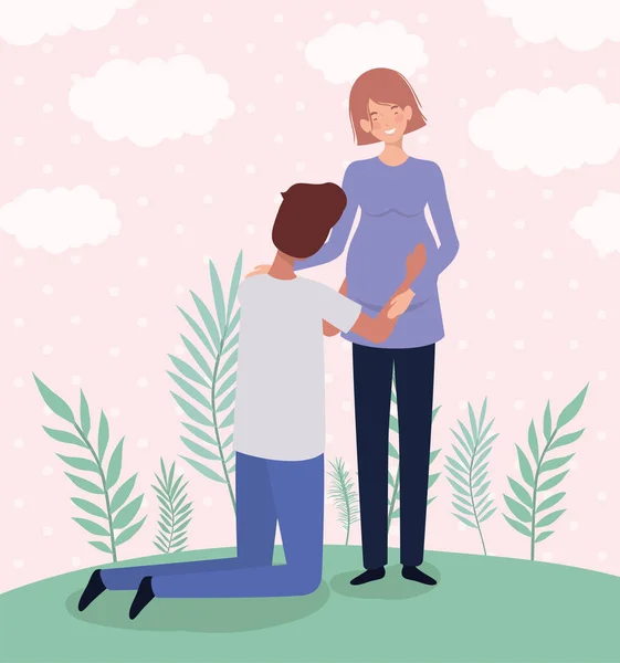 Schattig liefhebbers paar zwangerschap tekens in het landschap — Stockvector