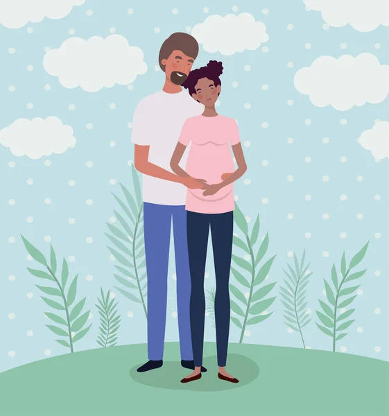 Amoureux interracial couples personnages de grossesse dans le paysage — Image vectorielle
