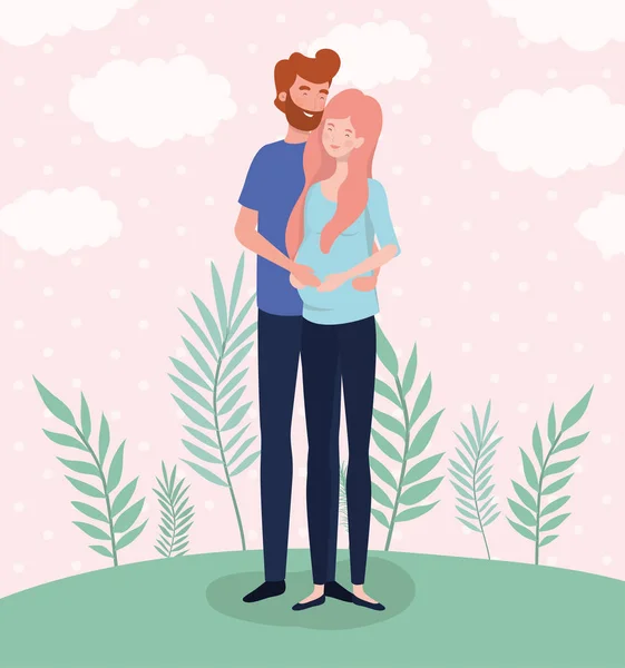 Cute lovers couple pregnancy characters in the landscape — Stock Vector