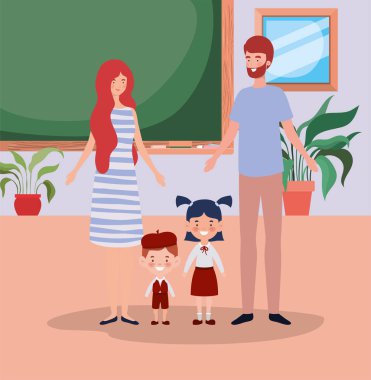 sınıfta küçük öğrenci çocukları ile öğretmen çift