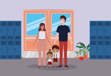 okul koridorunda küçük öğrenci çocukları ile öğretmen çift