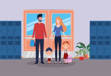 okul koridorunda küçük öğrenci çocukları ile öğretmen çift