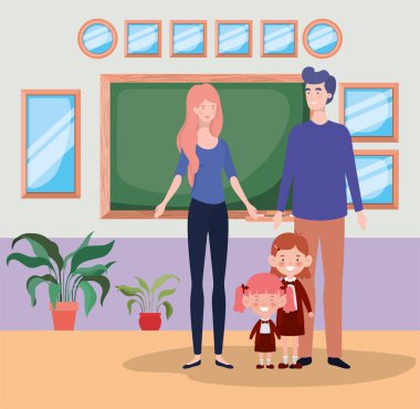 okul koridorunda küçük öğrenci çocukları ile öğretmen çift