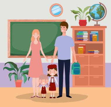 okul koridorunda küçük öğrenci çocukları ile öğretmen çift