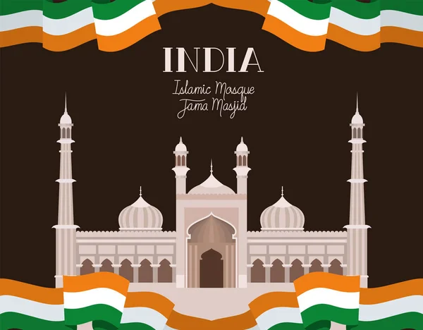 Templo de jama masjid indio con bandera — Vector de stock