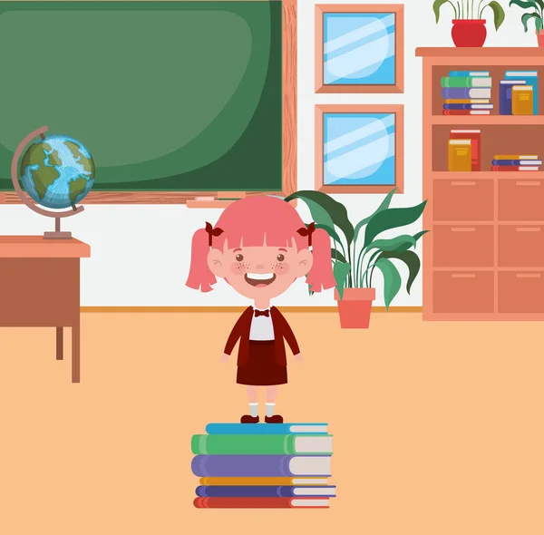 Kis diák lány cölöp könyvek az osztályteremben — Stock Vector