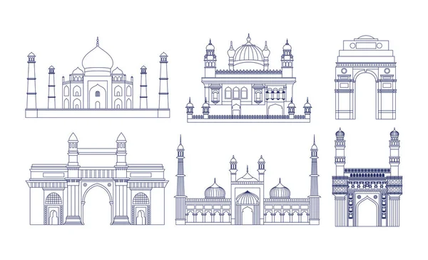 Indian set temples architecture icons — Stock Vector