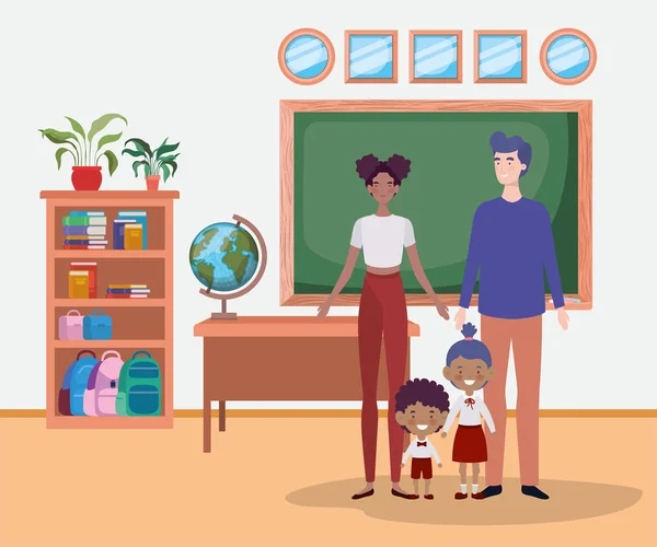 Professeur couple avec de petits élèves enfants dans la salle de classe — Image vectorielle