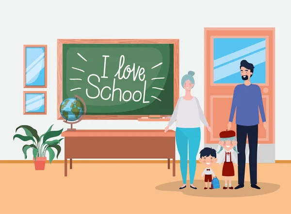 Casal de professores com alunos pequenos crianças na sala de aula — Vetor de Stock