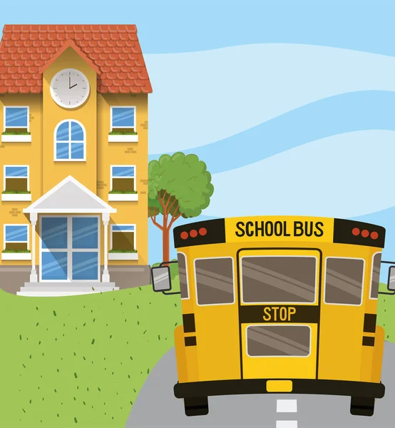 Edifício da escola e ônibus na cena da estrada — Vetor de Stock