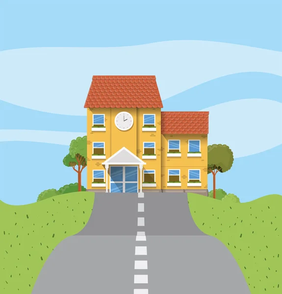 School building in the road scene — Stock Vector