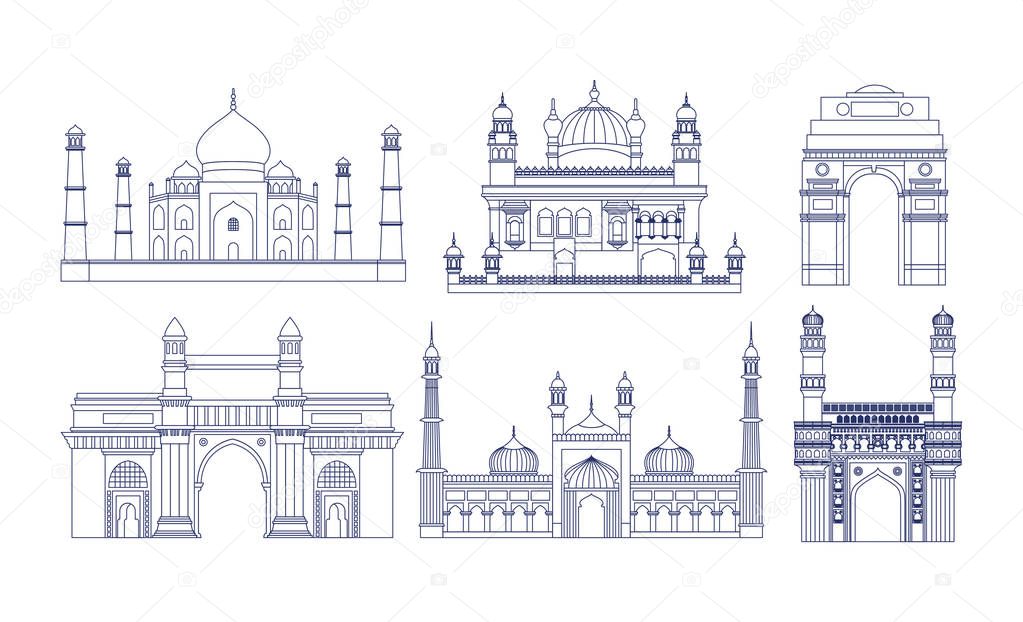 indian set temples architecture icons