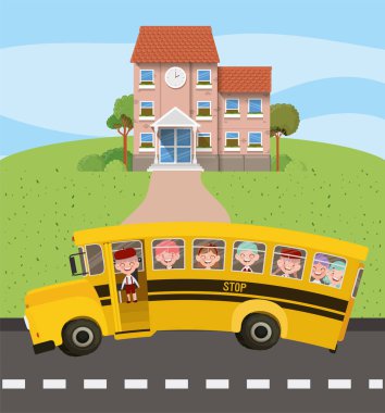 yol sahnesinde çocuklarla okul binası ve otobüs