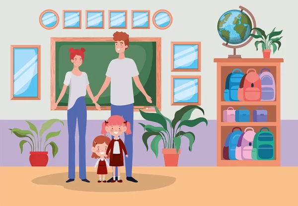 Učitelský pár s malými studenty dětí ve školní chodbě — Stockový vektor
