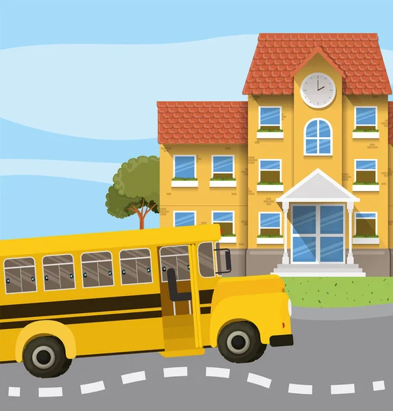 학교 건물 과 버스 에 이 도로 장면 — 스톡 벡터