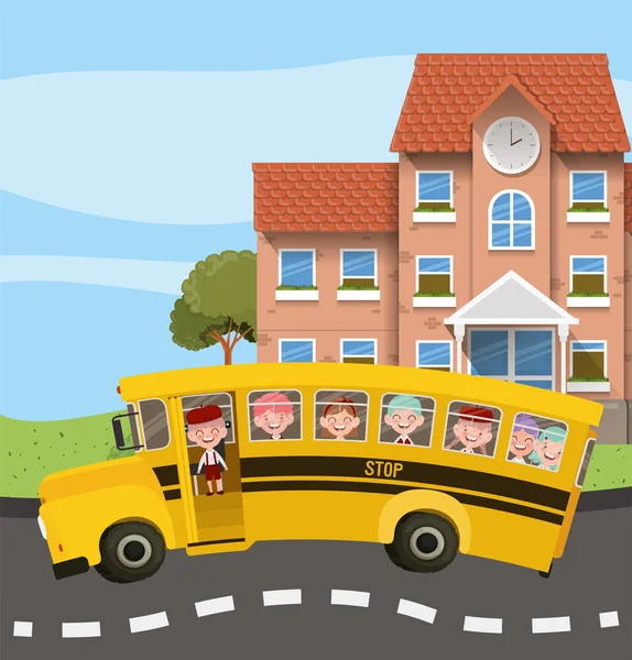 Edifício da escola e ônibus com crianças na cena da estrada — Vetor de Stock
