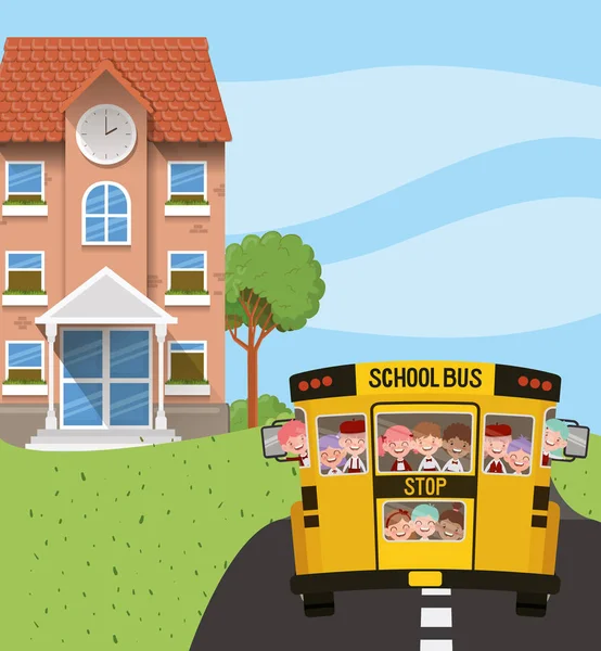 Edificio de la escuela y autobús con niños en la escena de la carretera — Vector de stock
