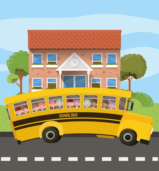 Edifício da escola e ônibus com crianças na cena da estrada — Vetor de Stock