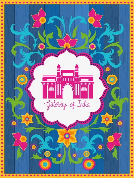 Templo de la puerta india con fondo floral — Vector de stock