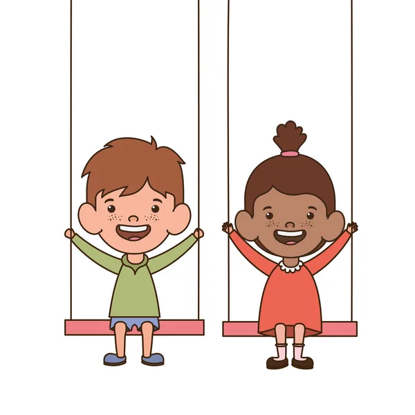 Pareja bebé en swing sonriendo sobre fondo blanco — Vector de stock