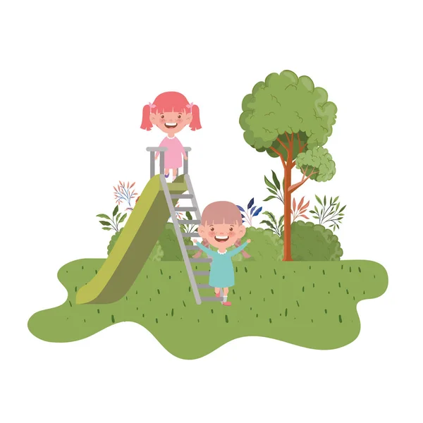 Pareja bebé en parque de juego con diapositiva — Vector de stock