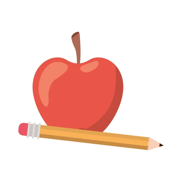 Μολύβι με μήλο φρούτα του κόκκινου χρώματος απομονωμένο εικονίδιο — Διανυσματικό Αρχείο
