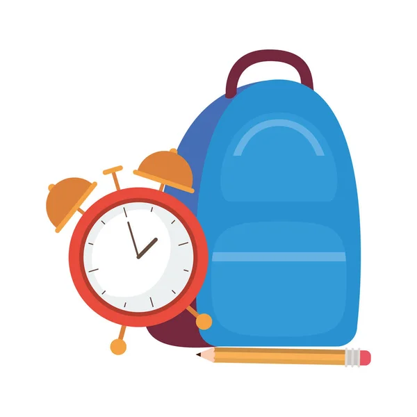 Handbag school with alarm clock on white background — Stock Vector