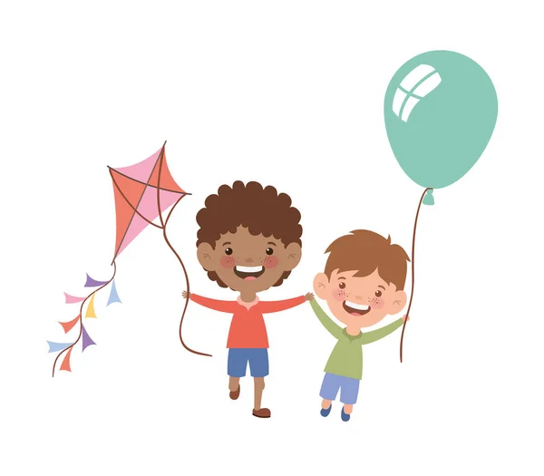 Baby boys smiling with helium balloons in hand — Stock Vector