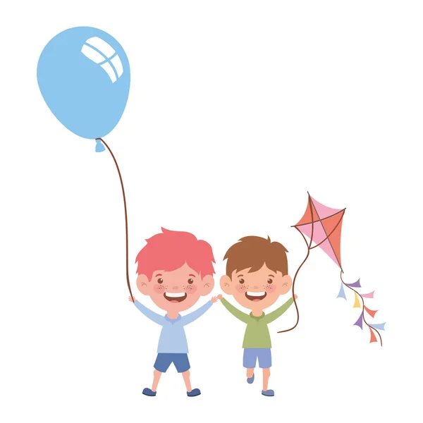 Meninos sorrindo com balões de hélio na mão — Vetor de Stock