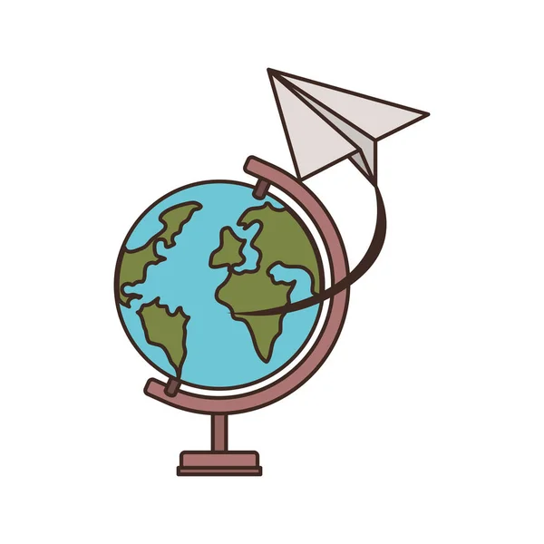 Earth Globe met papieren vliegtuig op witte achtergrond — Stockvector