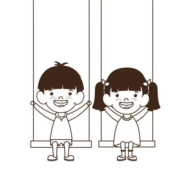 Silhouette di coppia bambino in altalena sorridente — Vettoriale Stock