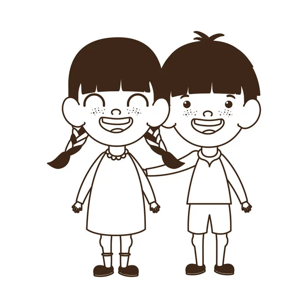 Silhouette di coppia bambino in piedi sorridente — Vettoriale Stock